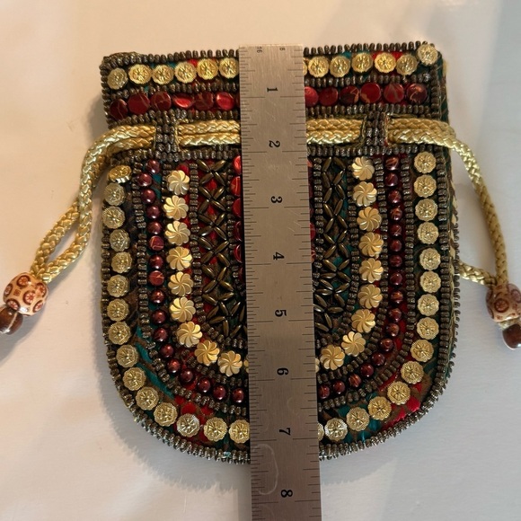 Bohemian Beaded Vibrant Red And Gold Drawstring Closure Small Unique Bag - Picture 7 of 10